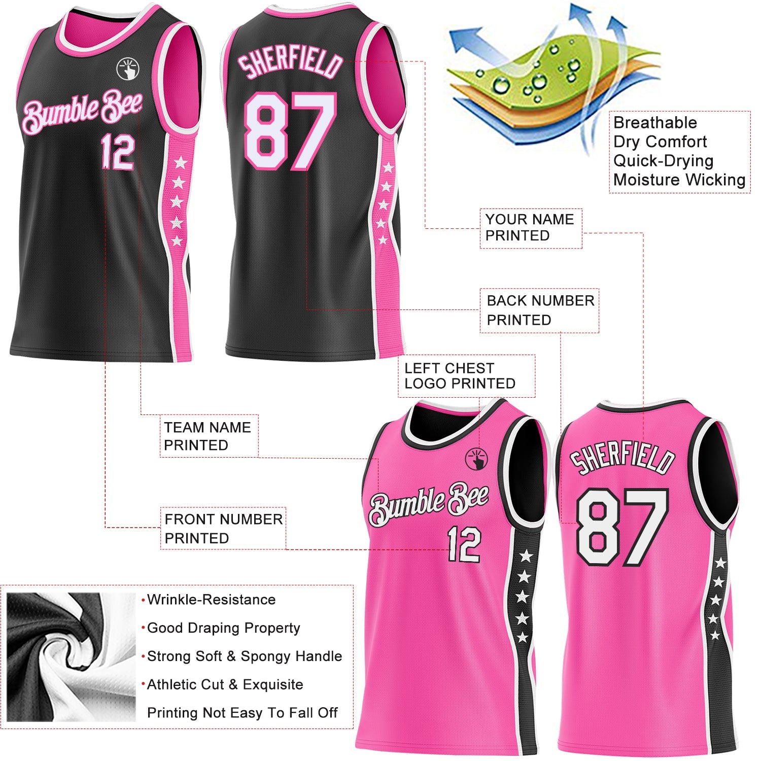 Custom Reversible Black White-Pink Double Side Star Sublimation Basketball Set Jersey view 5