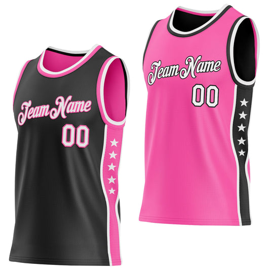 Custom Reversible Black White-Pink Double Side Star Sublimation Basketball Set Jersey - Main View