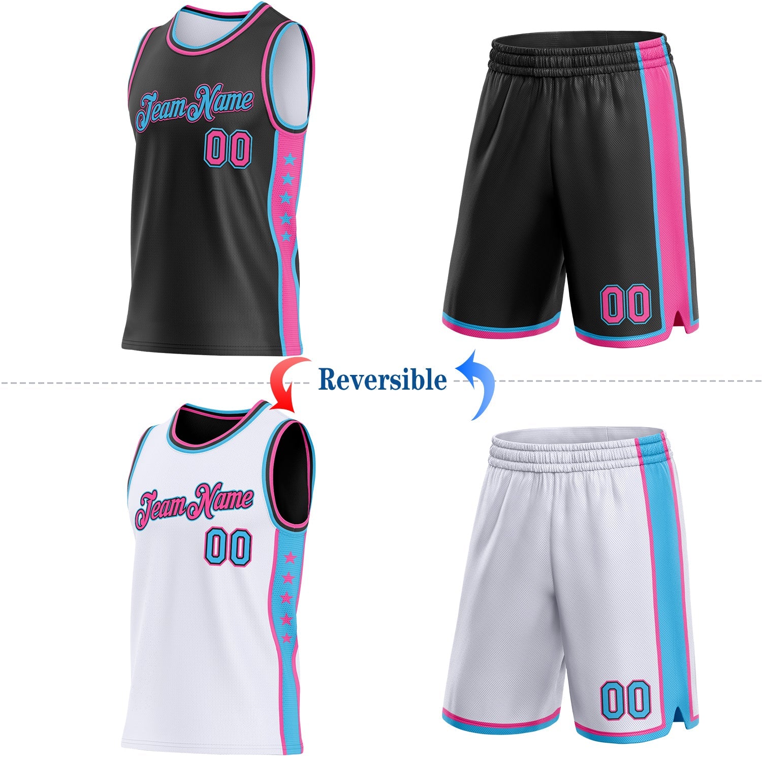 Custom Reversible Black Pink-Sky Blue Double Side Star Sublimation Basketball Set Jersey view 2