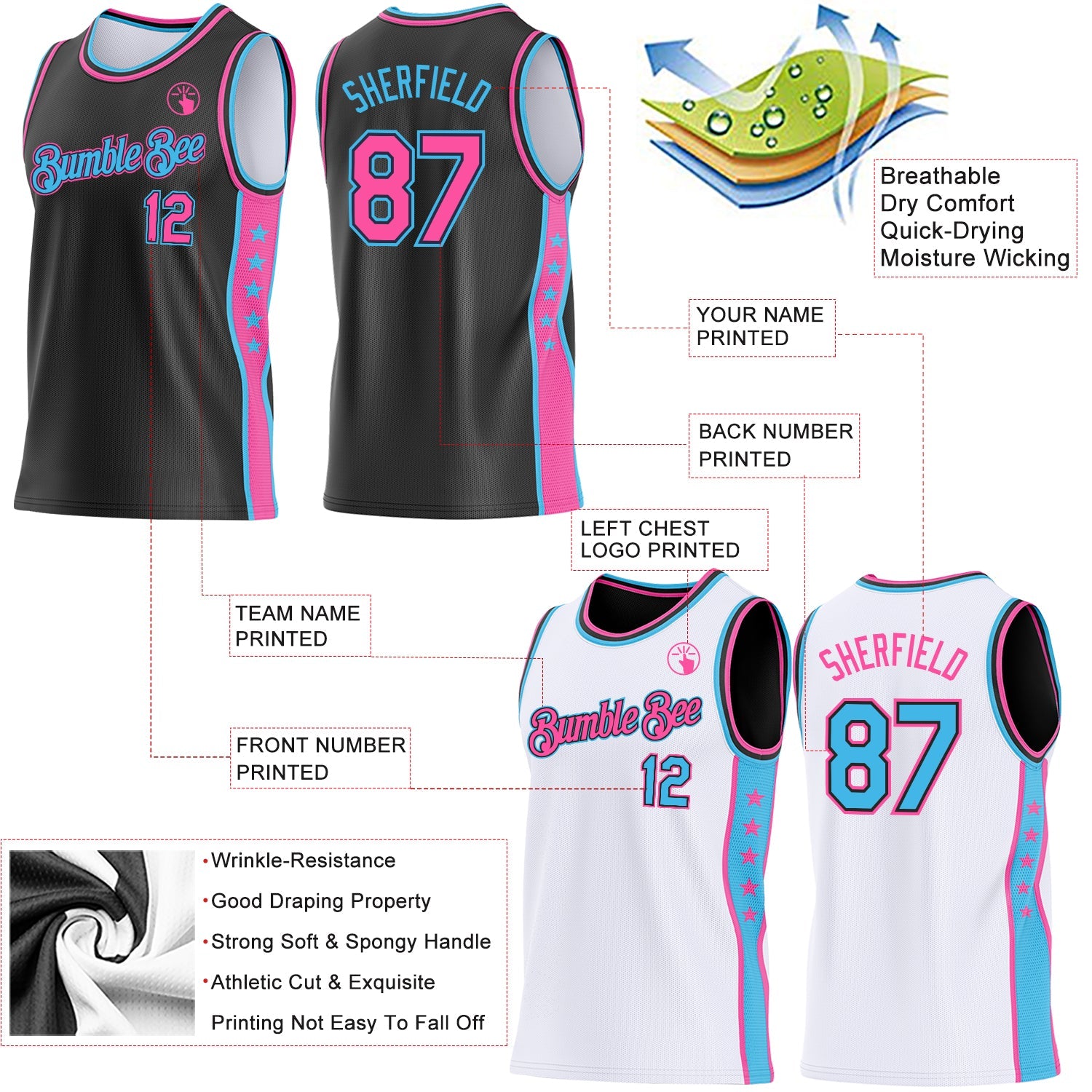 Custom Reversible Black Pink-Sky Blue Double Side Star Sublimation Basketball Set Jersey view 5