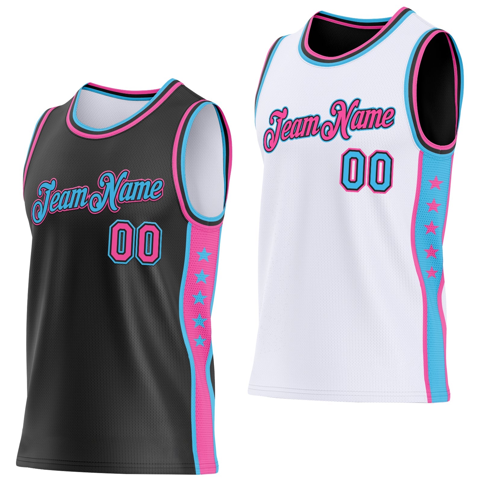Custom Reversible Black Pink-Sky Blue Double Side Star Sublimation Basketball Set Jersey - Main View
