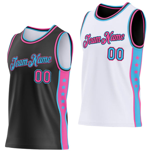 Custom Reversible Black Pink-Sky Blue Double Side Star Sublimation Basketball Set Jersey - Main View