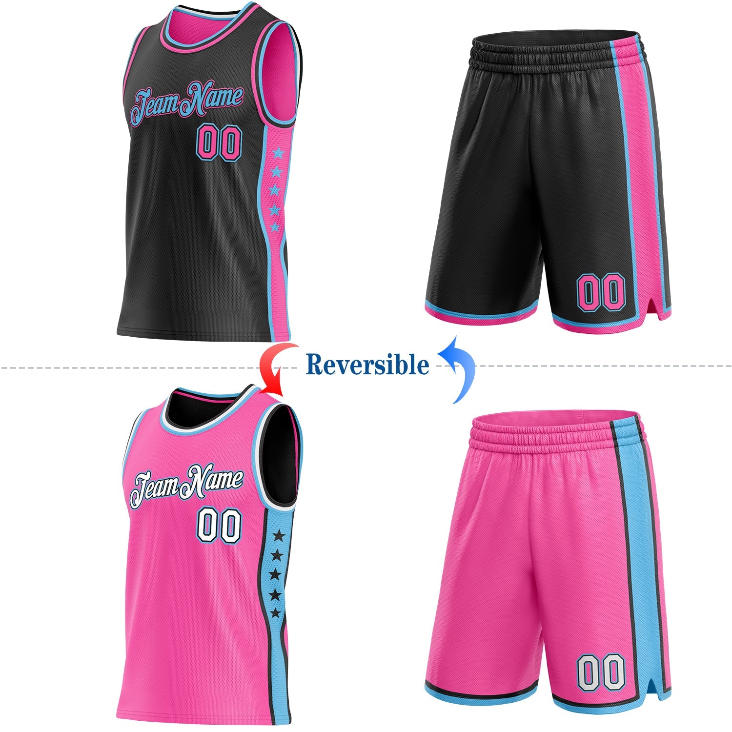 Custom Reversible Black Pink-Sky Blue Double Side Star Sublimation Basketball Set Jersey view 2