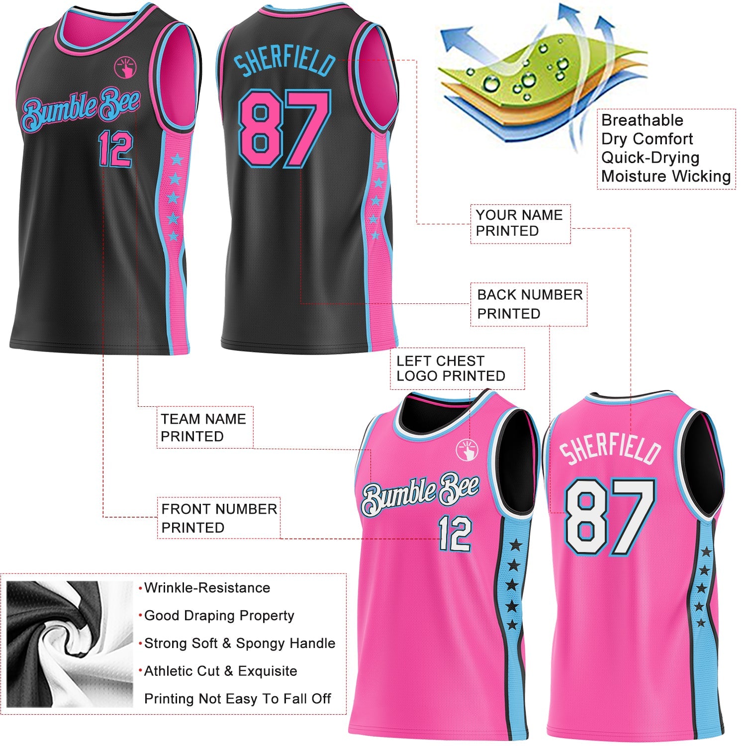 Custom Reversible Black Pink-Sky Blue Double Side Star Sublimation Basketball Set Jersey view 5