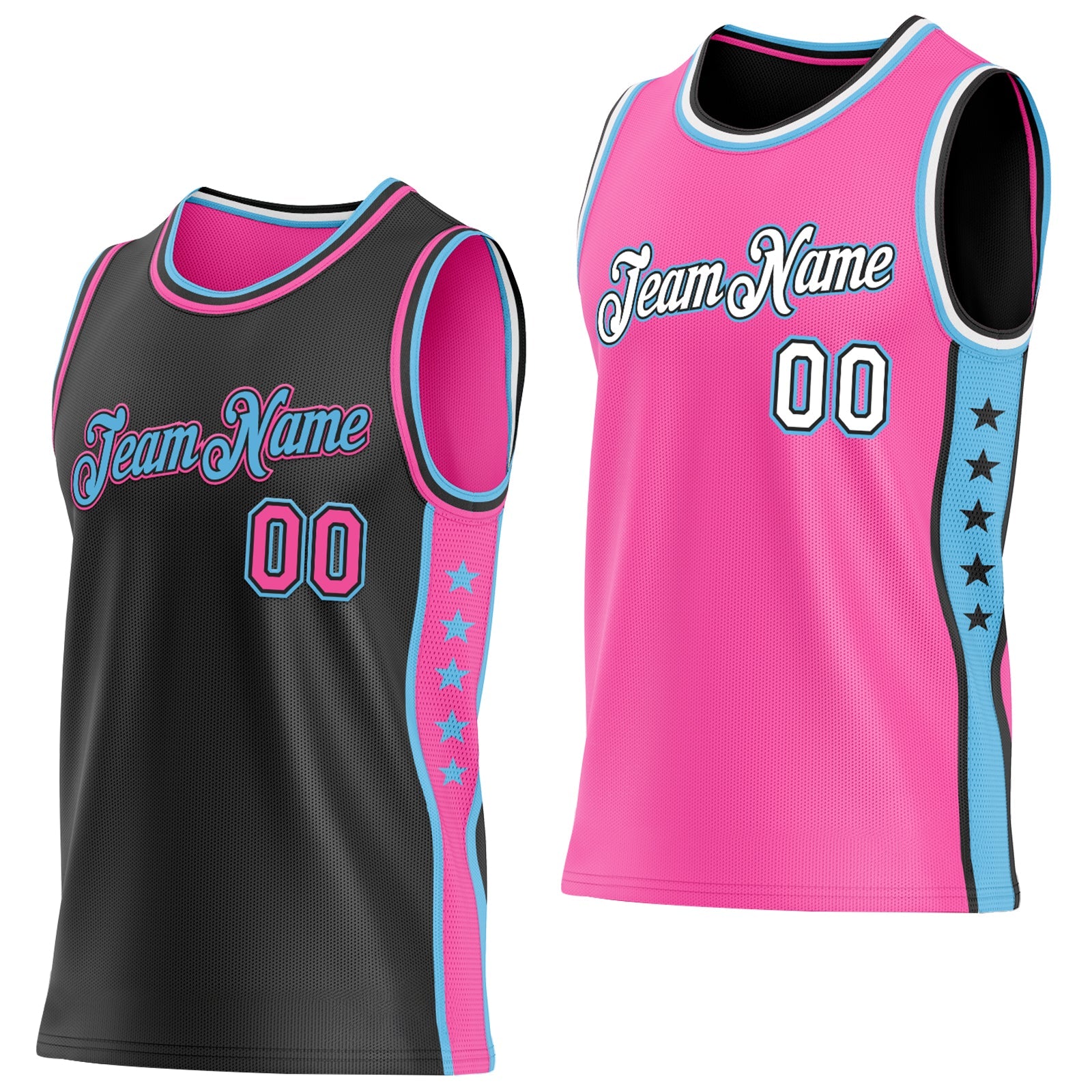 Custom Reversible Black Pink-Sky Blue Double Side Star Sublimation Basketball Set Jersey - Main View
