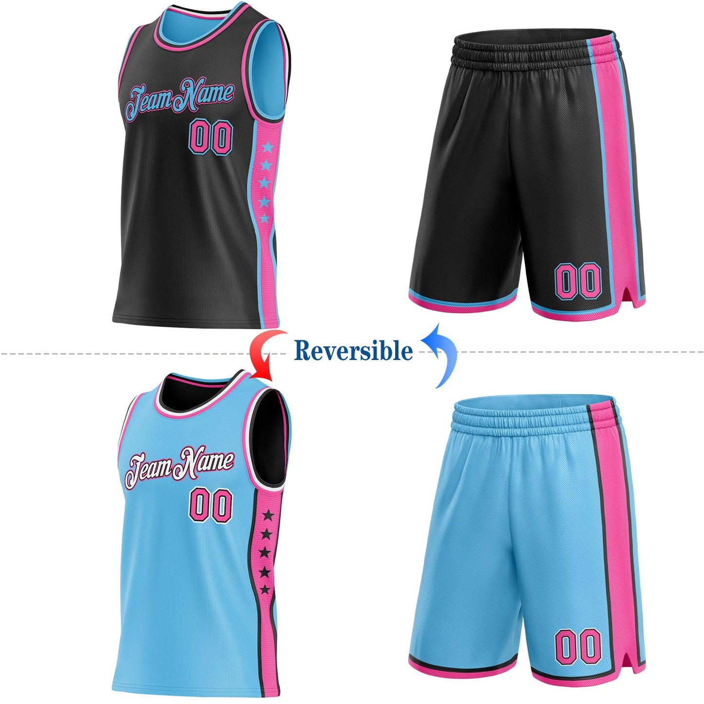 Custom Reversible Black Pink-Sky Blue Double Side Star Sublimation Basketball Set Jersey view 2