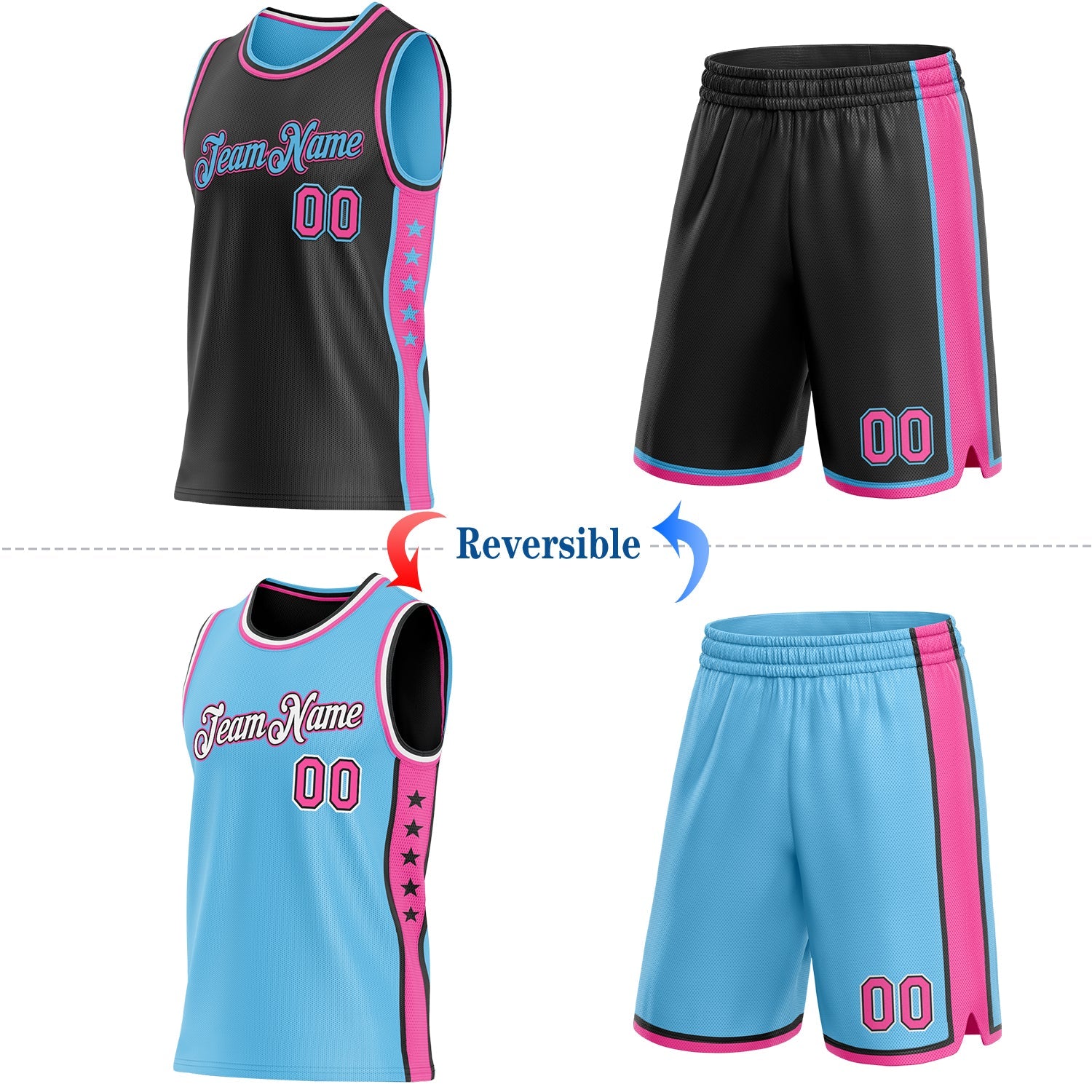 Custom Reversible Black Pink-Sky Blue Double Side Star Sublimation Basketball Set Jersey view 2