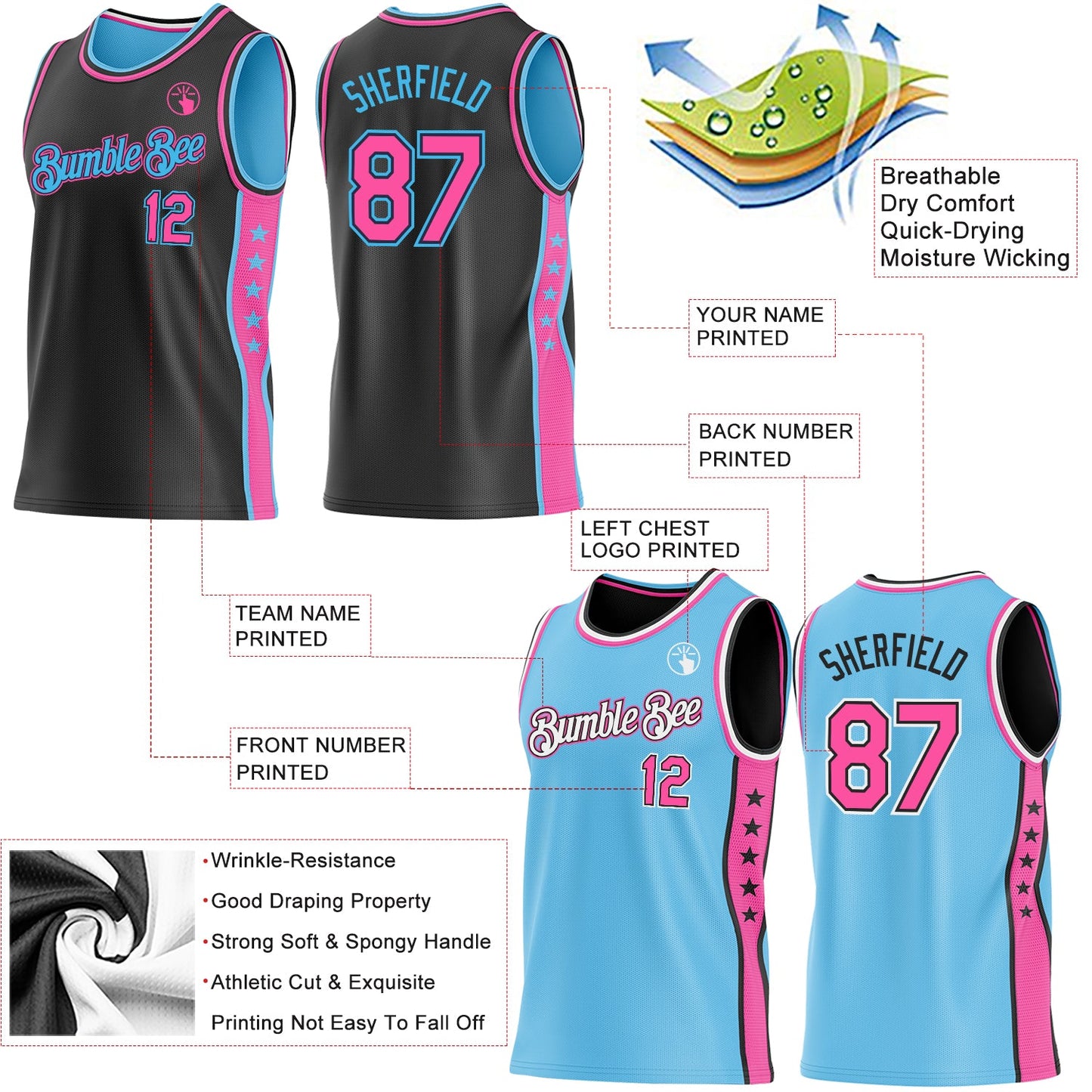 Custom Reversible Black Pink-Sky Blue Double Side Star Sublimation Basketball Set Jersey view 5