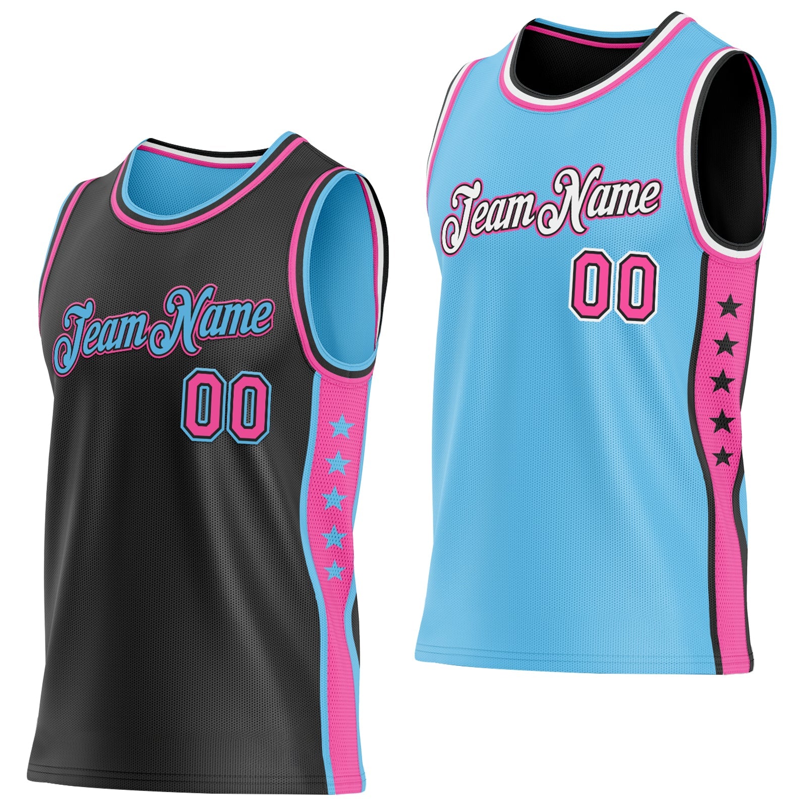 Custom Reversible Black Pink-Sky Blue Double Side Star Sublimation Basketball Set Jersey - Main View
