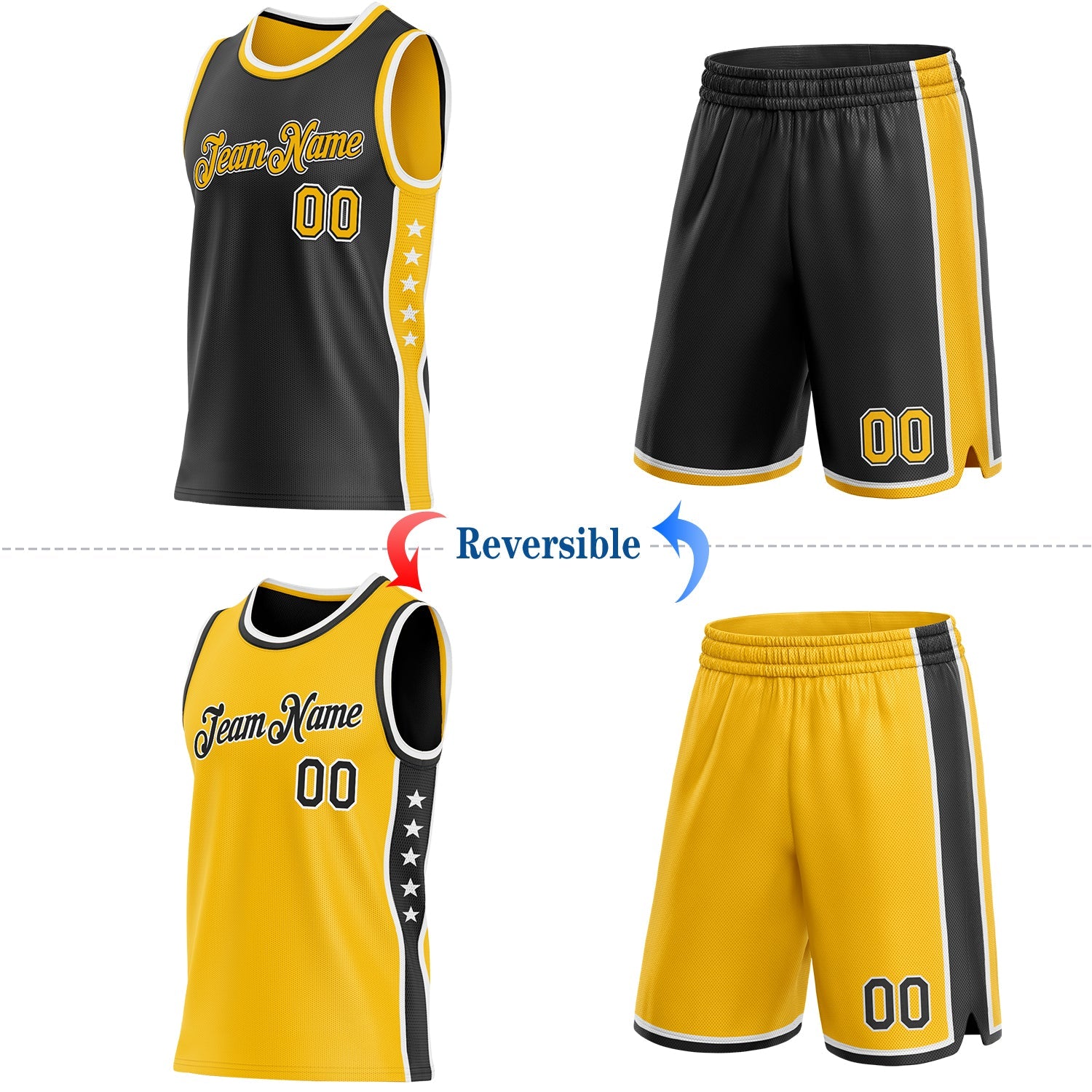 Custom Reversible Black Gold-White Double Side Star Sublimation Basketball Set Jersey view 2