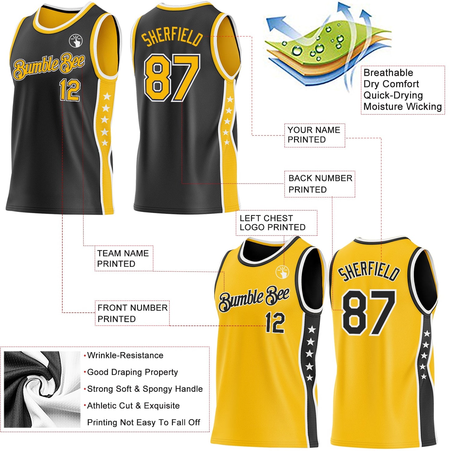 Custom Reversible Black Gold-White Double Side Star Sublimation Basketball Set Jersey view 5