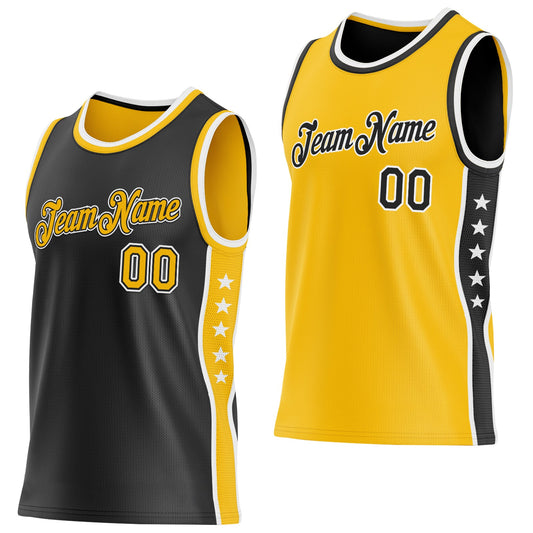 Custom Reversible Black Gold-White Double Side Star Sublimation Basketball Set Jersey - Main View