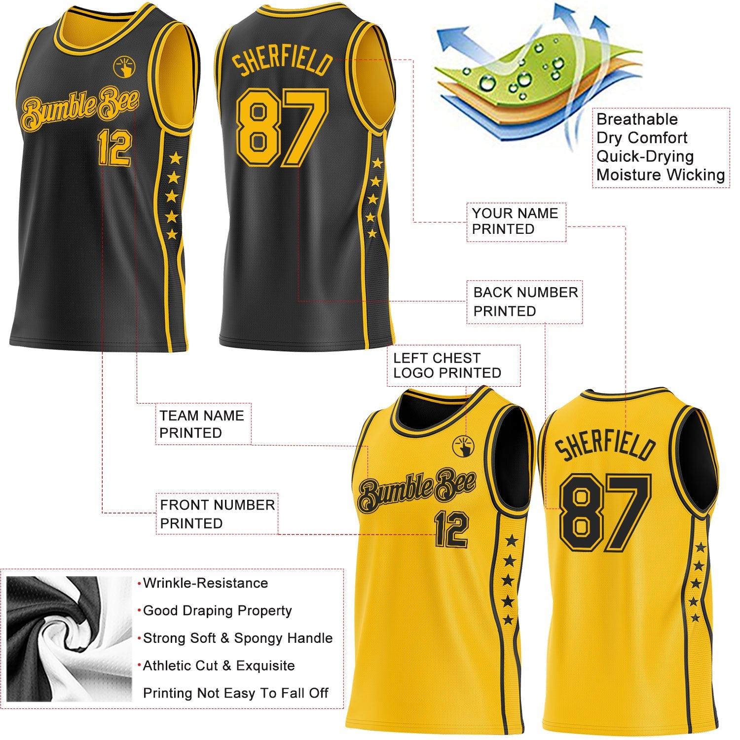 Custom Reversible Black Gold Double Side Star Sublimation Basketball Set Jersey view 5