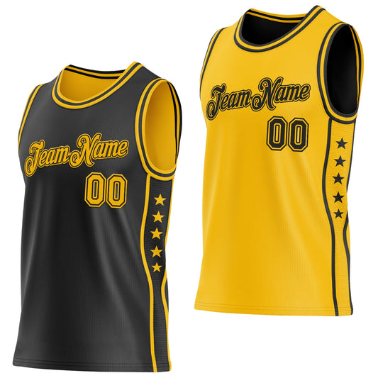 Custom Reversible Black Gold Double Side Star Sublimation Basketball Set Jersey - Main View