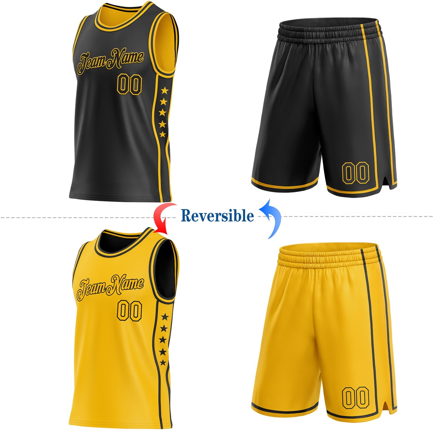 Custom Reversible Black Gold Double Side Star Sublimation Basketball Set Jersey view 2
