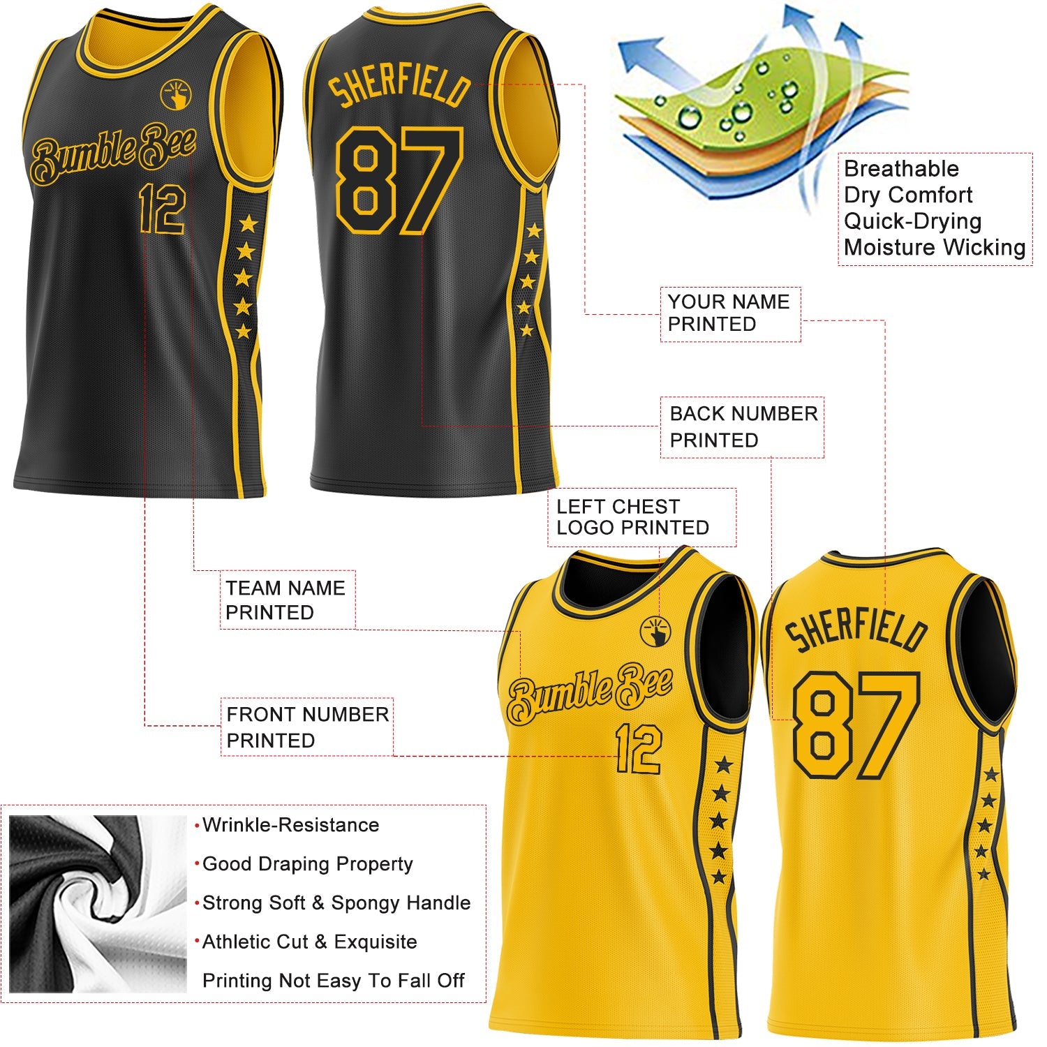Custom Reversible Black Gold Double Side Star Sublimation Basketball Set Jersey view 5