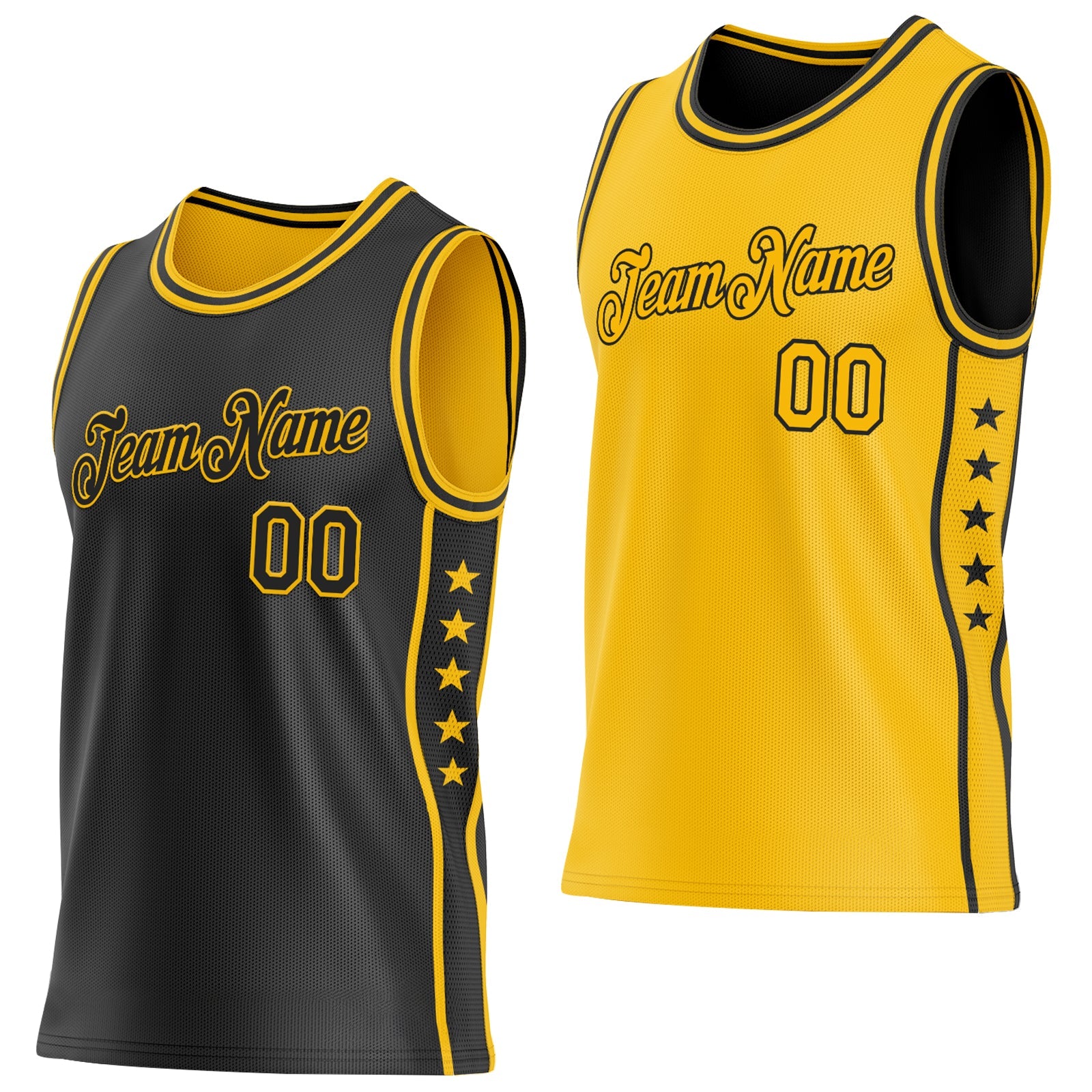 Custom Reversible Black Gold Double Side Star Sublimation Basketball Set Jersey - Main View