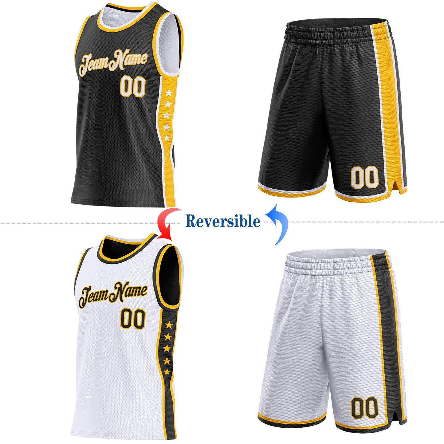 Custom Reversible Black White-Gold Double Side Star Sublimation Basketball Set Jersey view 2