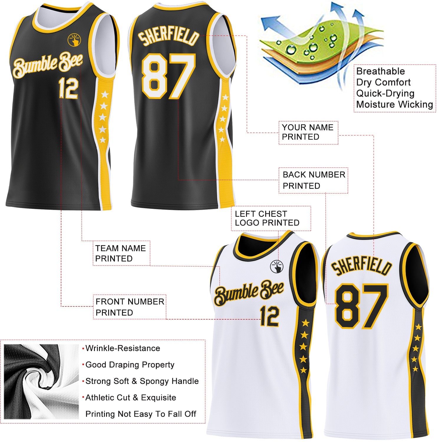 Custom Reversible Black White-Gold Double Side Star Sublimation Basketball Set Jersey view 5