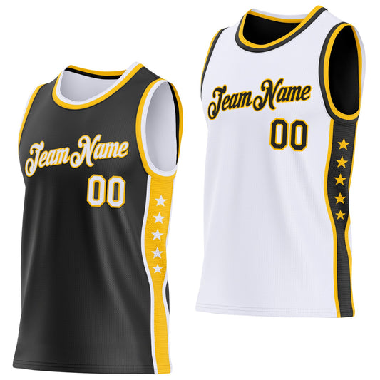 Custom Reversible Black White-Gold Double Side Star Sublimation Basketball Set Jersey - Main View
