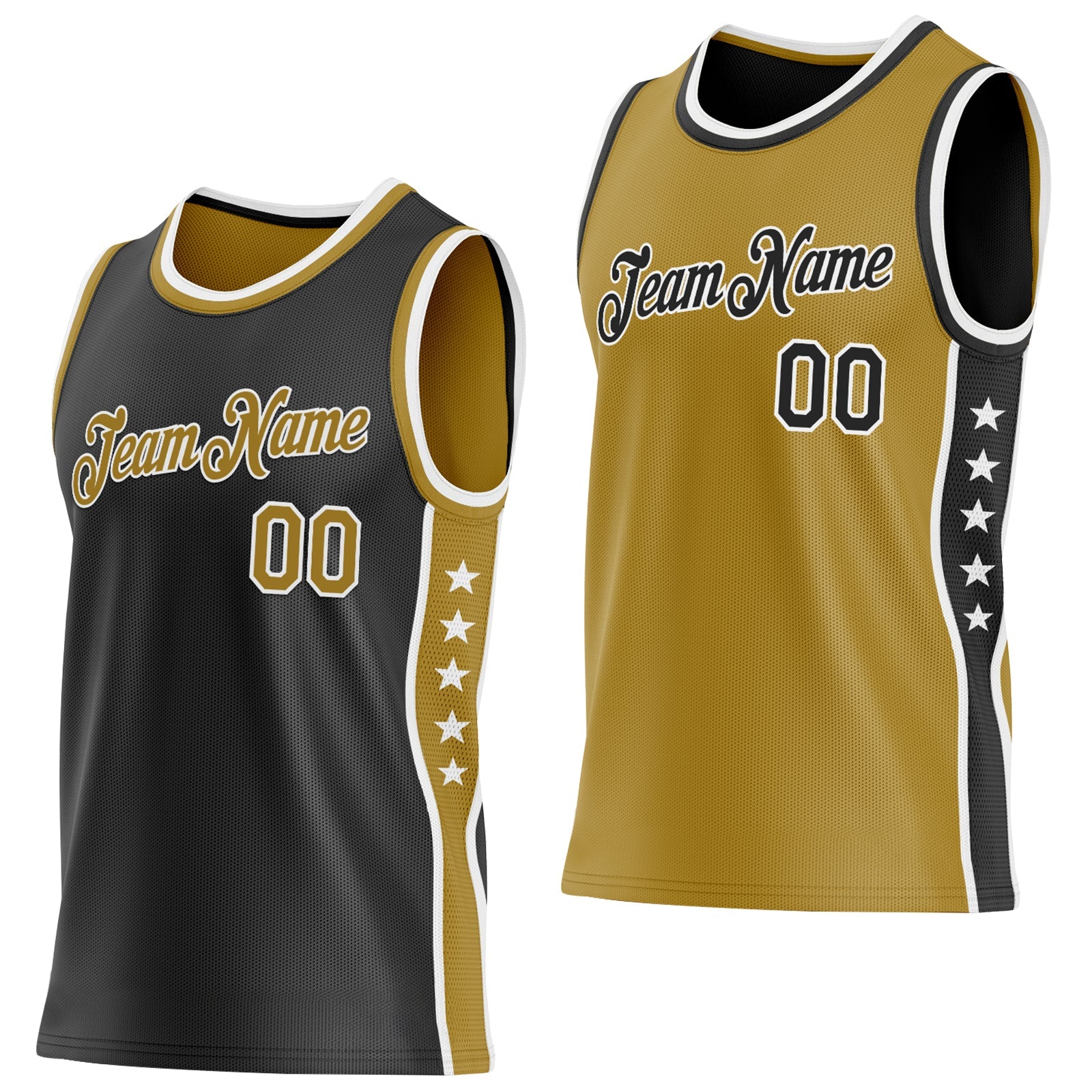 Custom Reversible Black Old Gold-White Double Side Star Sublimation Basketball Set Jersey - Main View