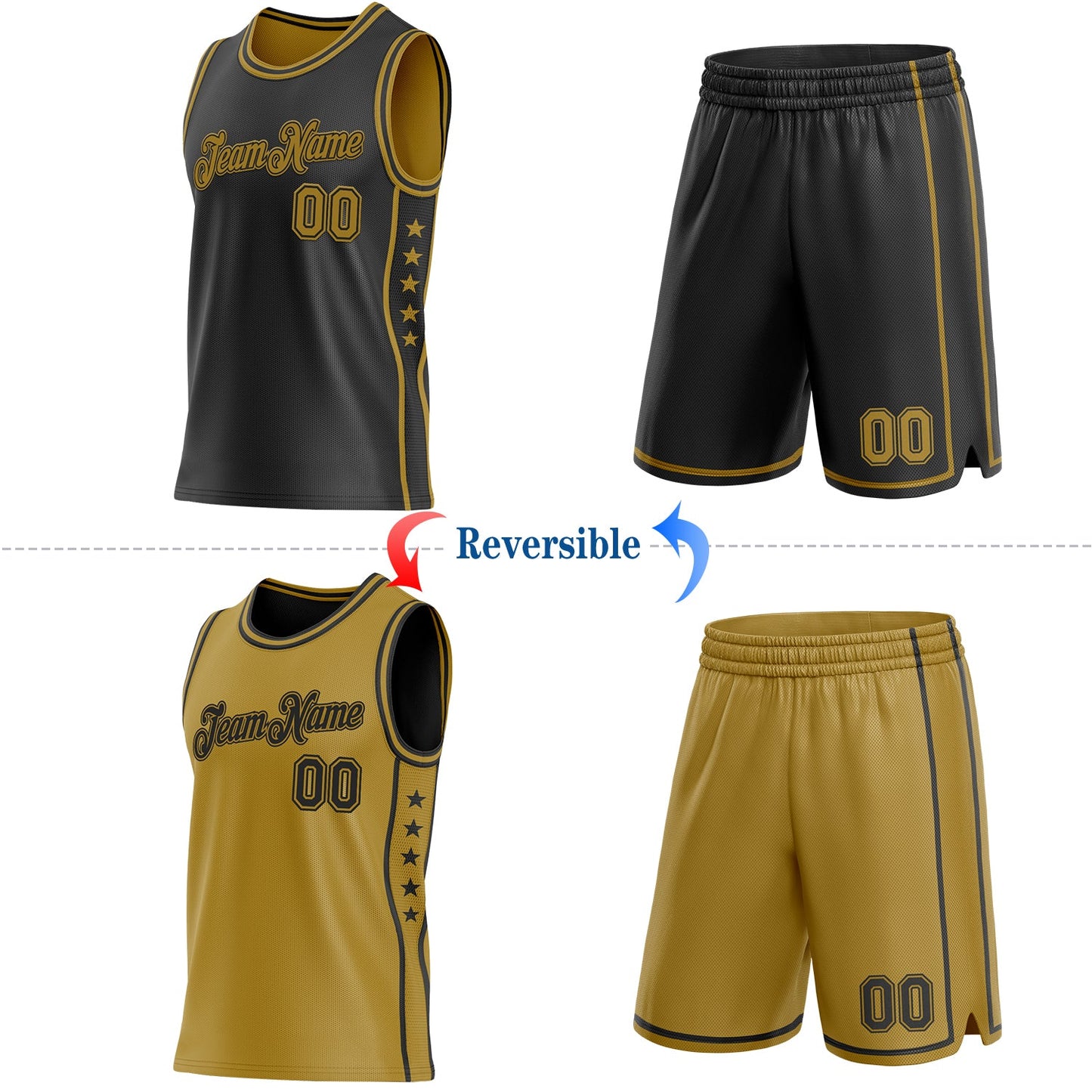 Custom Reversible Black Old Gold Double Side Star Sublimation Basketball Set Jersey view 2