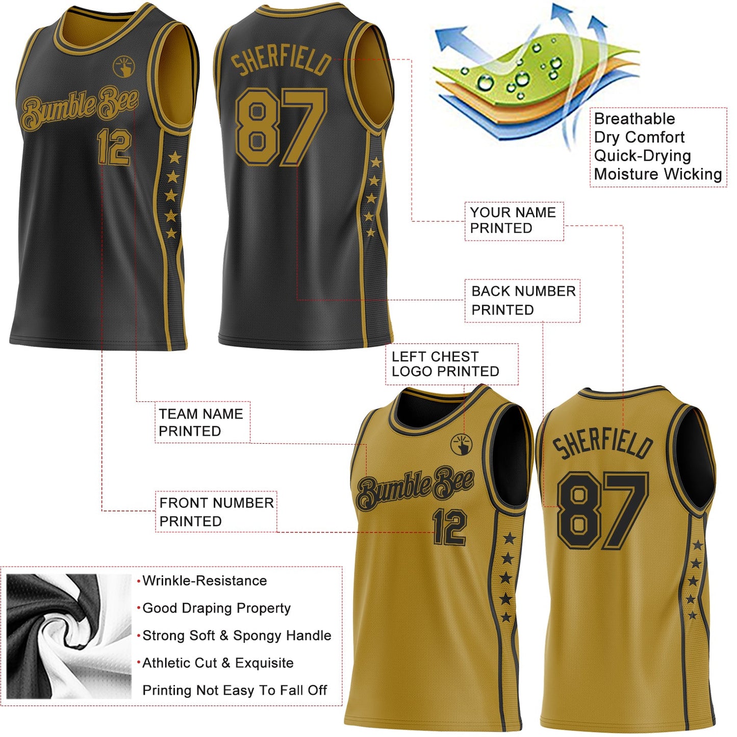 Custom Reversible Black Old Gold Double Side Star Sublimation Basketball Set Jersey view 5