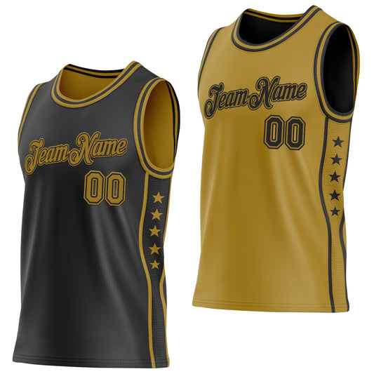 Custom Reversible Black Old Gold Double Side Star Sublimation Basketball Set Jersey - Main View