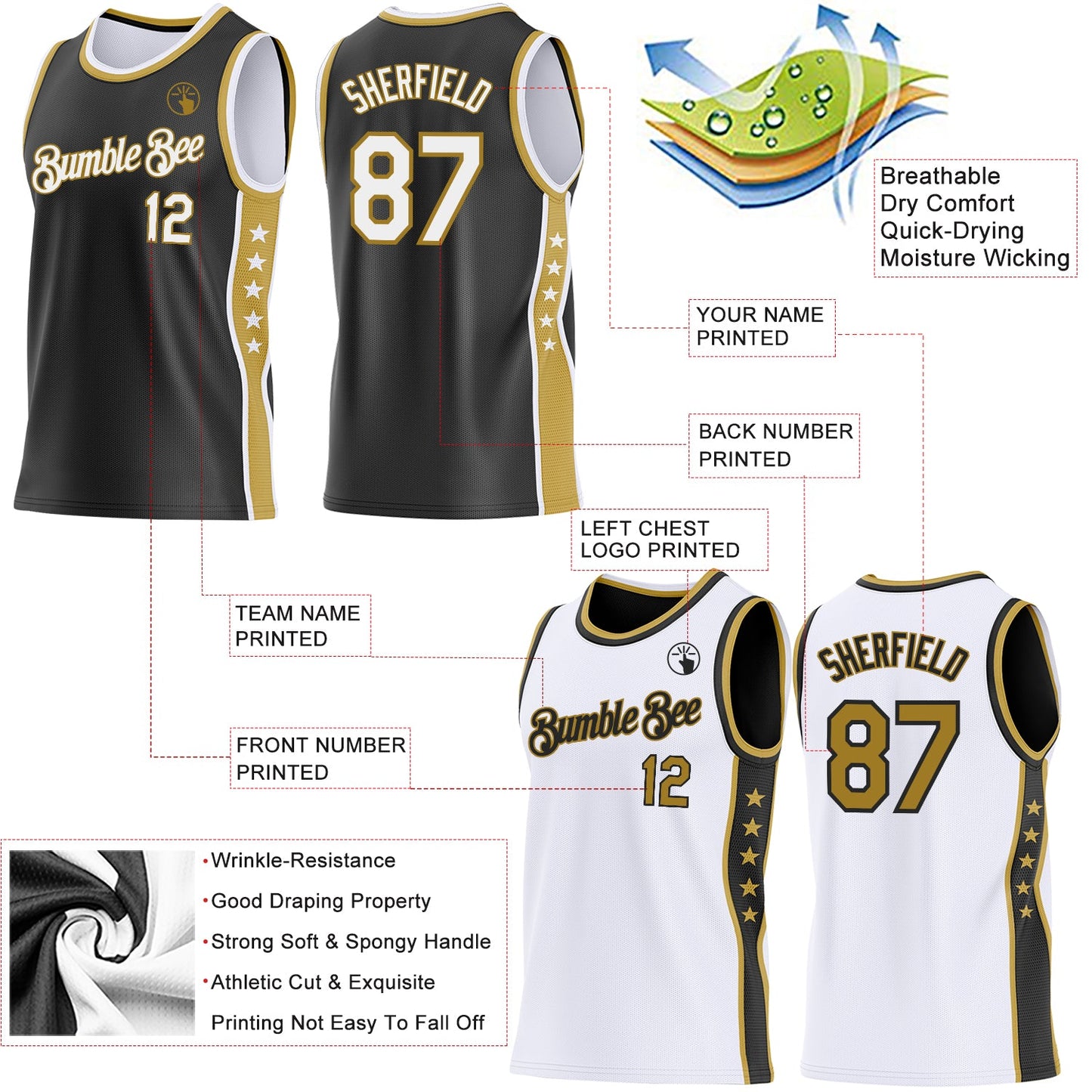 Custom Reversible Black White-Old Gold Double Side Star Sublimation Basketball Set Jersey view 5