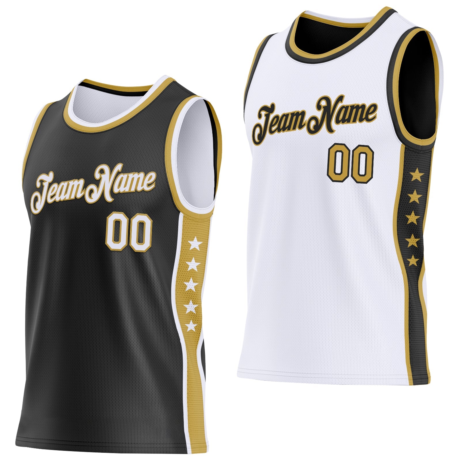 Custom Reversible Black White-Old Gold Double Side Star Sublimation Basketball Set Jersey - Main View