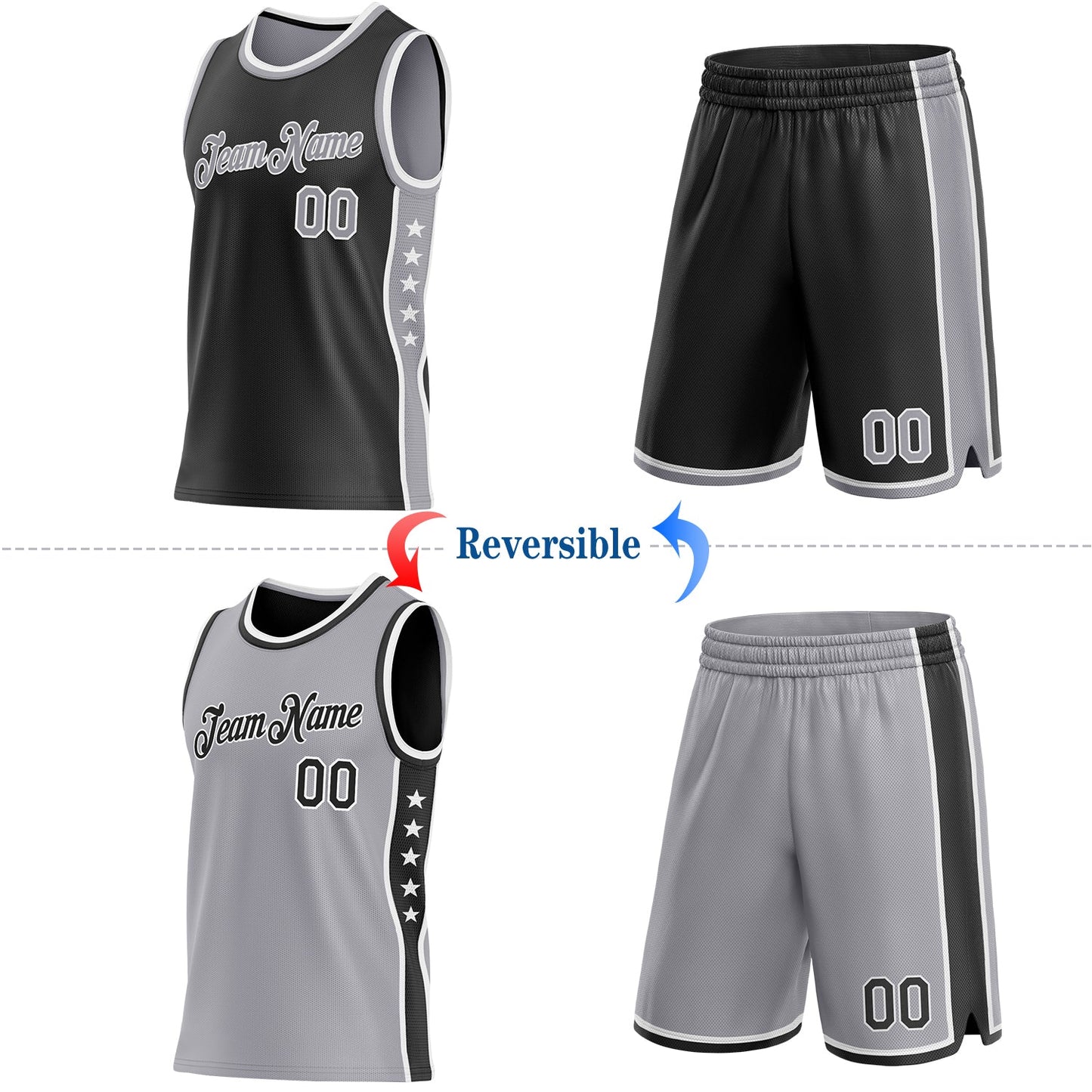 Custom Reversible Black Gray-White Double Side Star Sublimation Basketball Set Jersey view 2