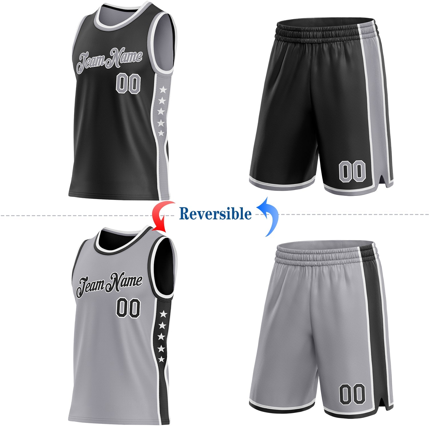 Custom Reversible Black Gray-White Double Side Star Sublimation Basketball Set Jersey view 2
