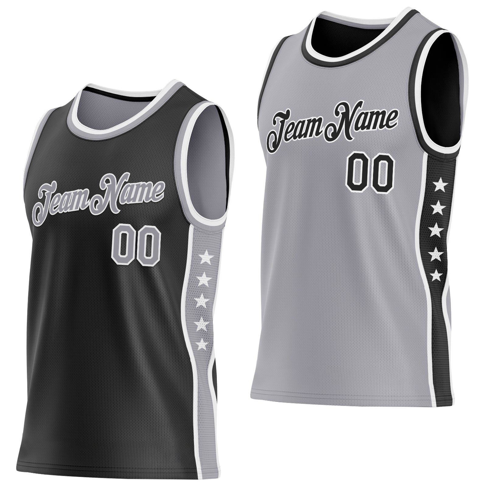 Custom Reversible Black Gray-White Double Side Star Sublimation Basketball Set Jersey - Main View