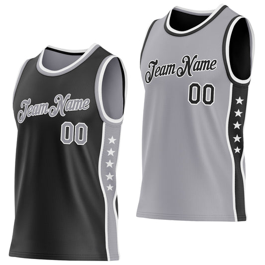 Custom Reversible Black Gray-White Double Side Star Sublimation Basketball Set Jersey - Main View