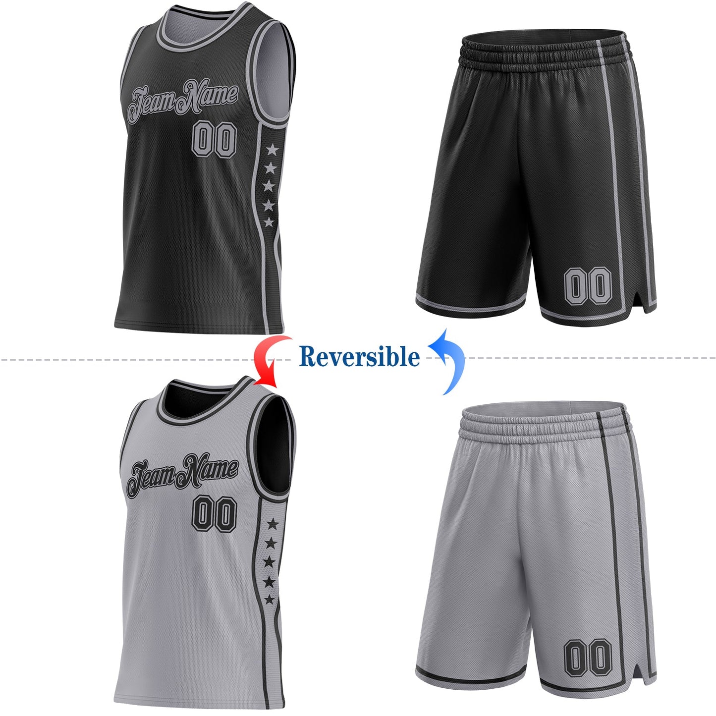 Custom Reversible Black Gray Double Side Star Sublimation Basketball Set Jersey view 2