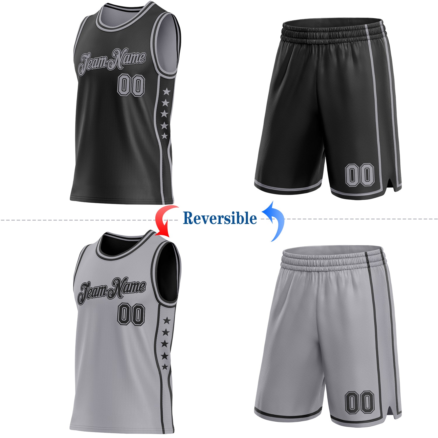 Custom Reversible Black Gray Double Side Star Sublimation Basketball Set Jersey view 2