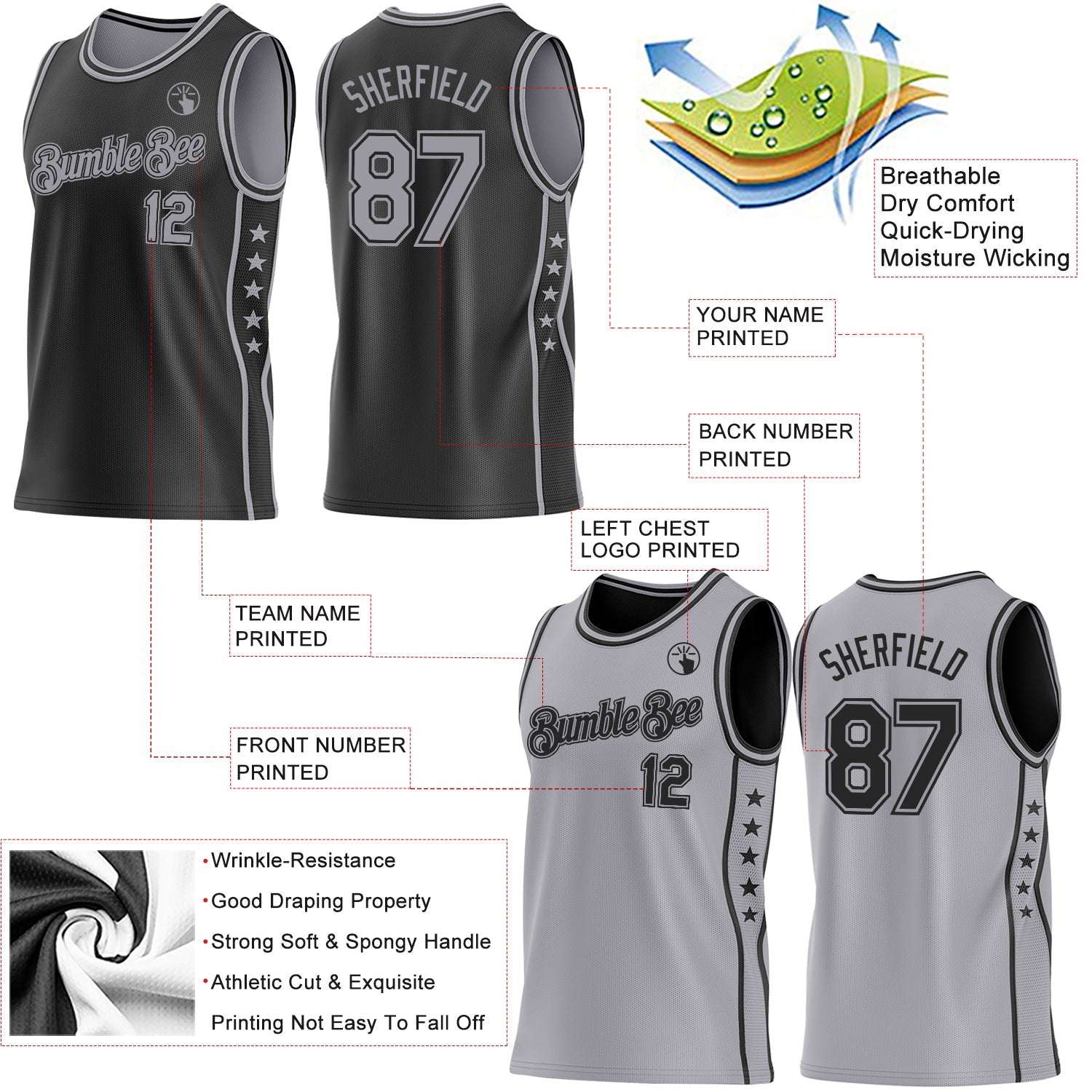 Custom Reversible Black Gray Double Side Star Sublimation Basketball Set Jersey view 5