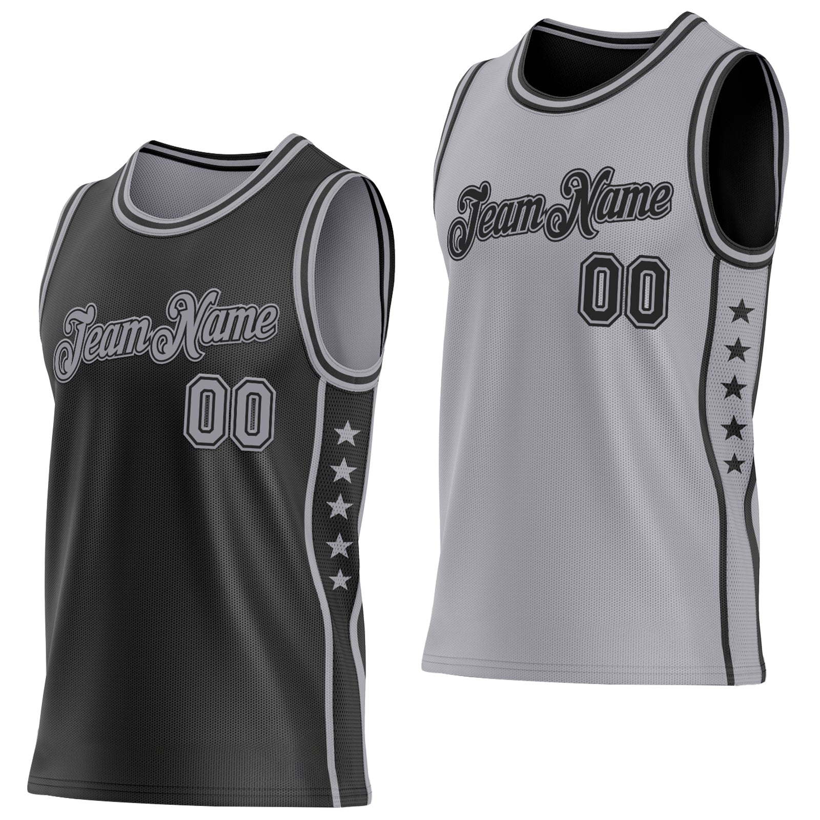 Custom Reversible Black Gray Double Side Star Sublimation Basketball Set Jersey - Main View
