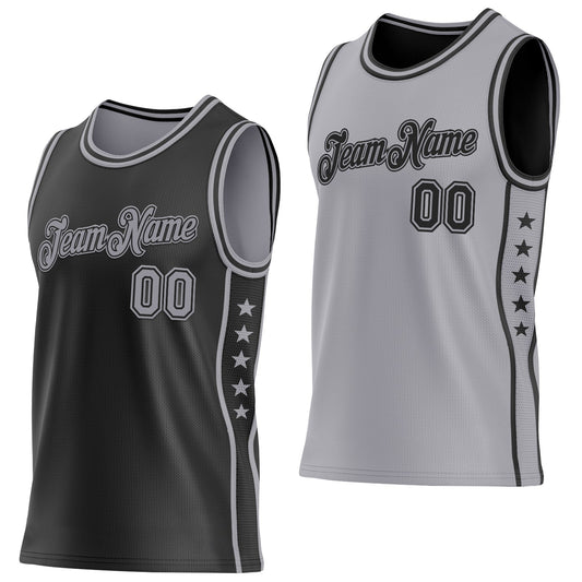 Custom Reversible Black Gray Double Side Star Sublimation Basketball Set Jersey - Main View