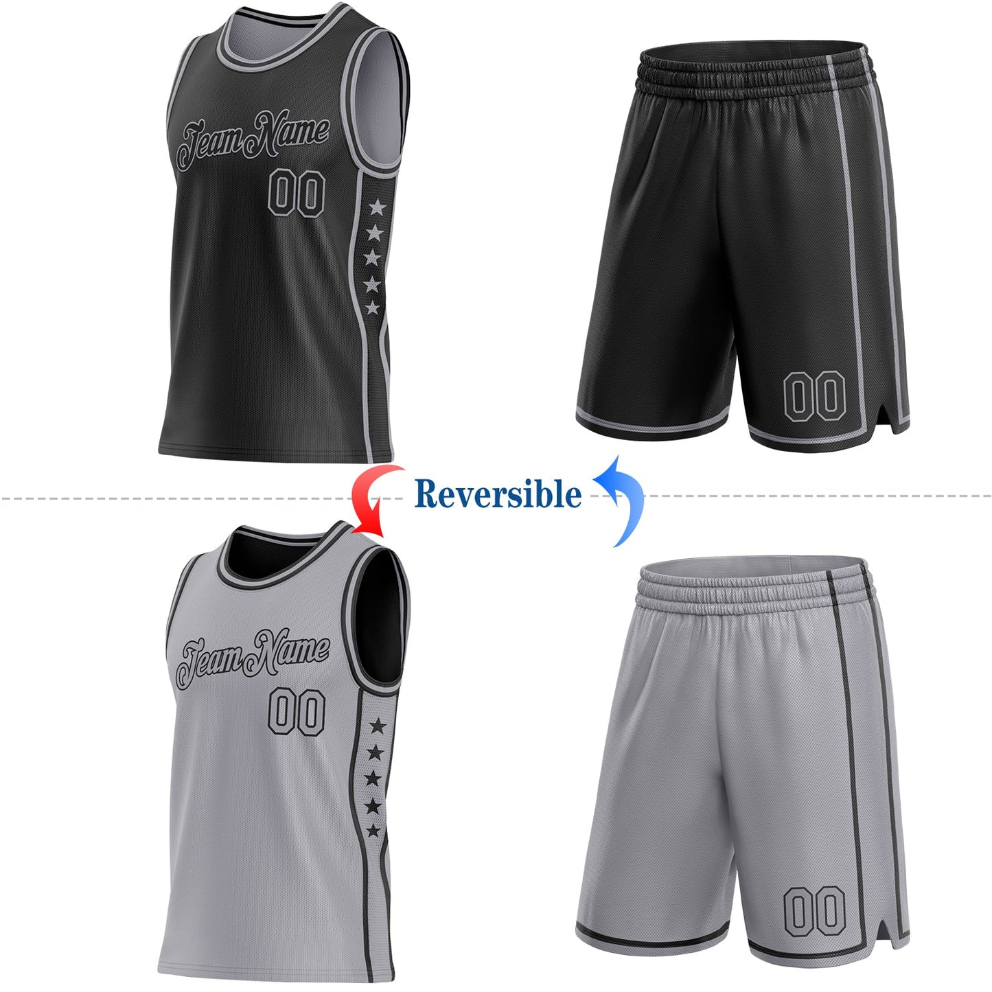 Custom Reversible Black Gray Double Side Star Sublimation Basketball Set Jersey view 2
