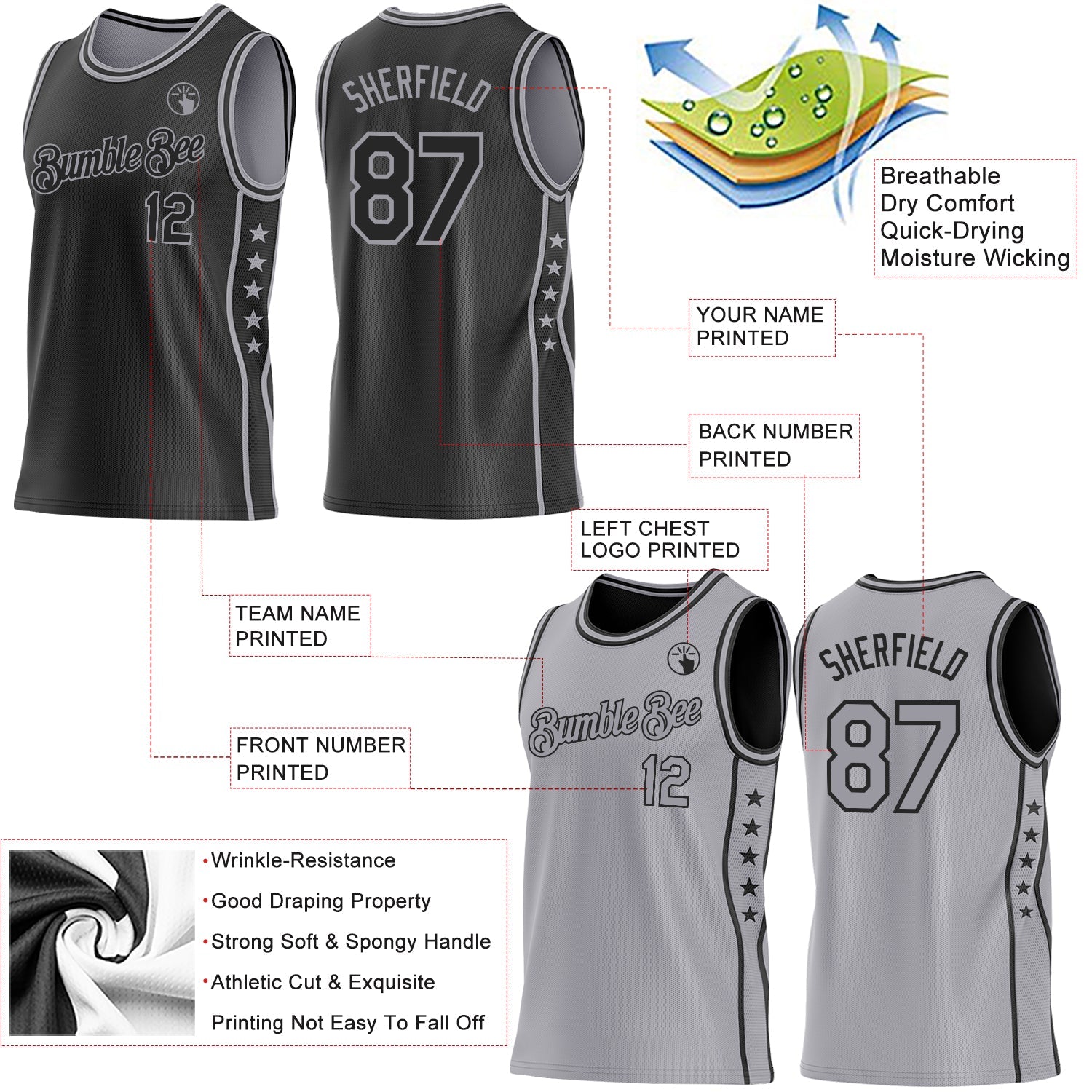 Custom Reversible Black Gray Double Side Star Sublimation Basketball Set Jersey view 5