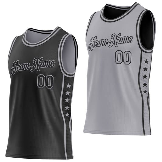 Custom Reversible Black Gray Double Side Star Sublimation Basketball Set Jersey - Main View