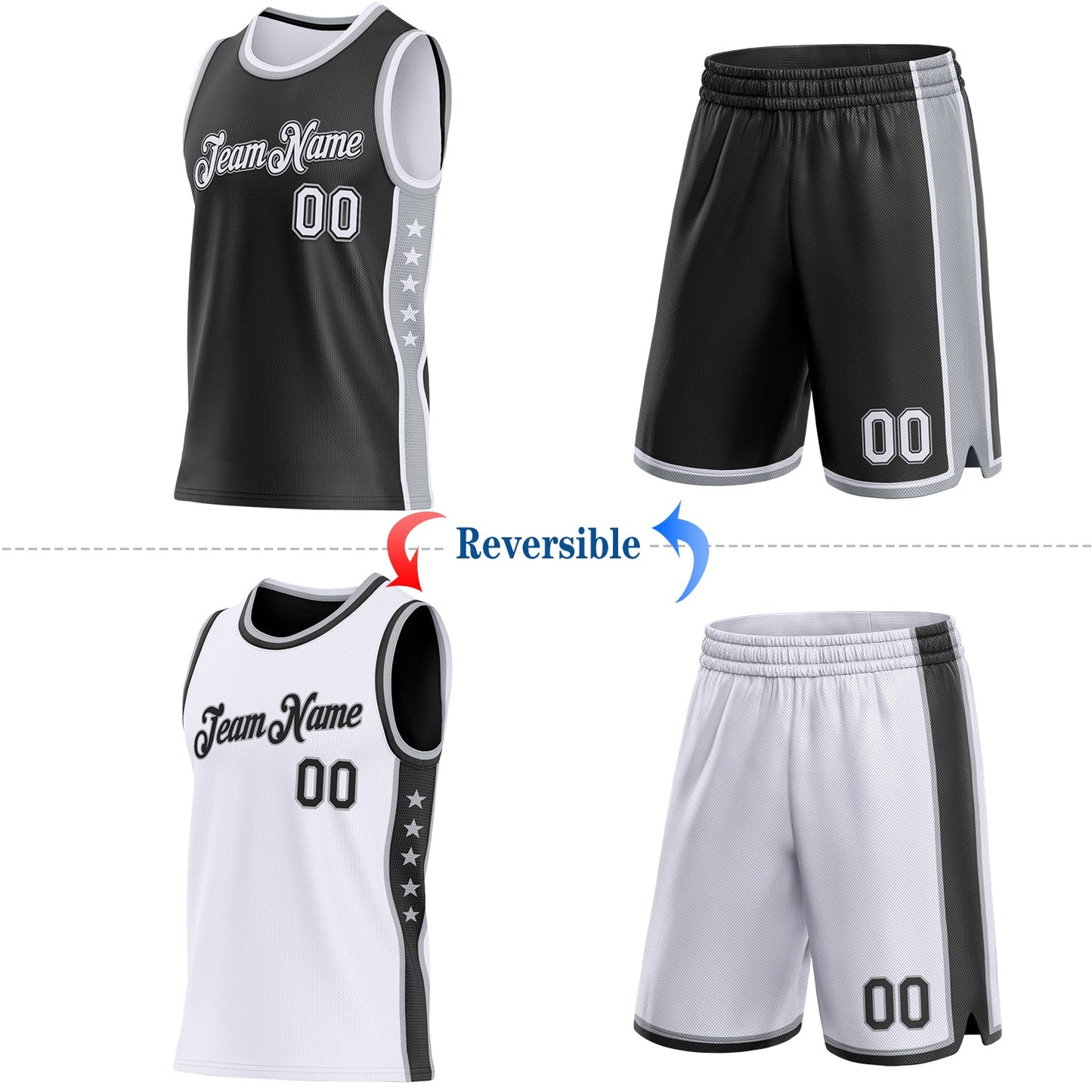 Custom Reversible Black White-Gray Double Side Star Sublimation Basketball Set Jersey view 2