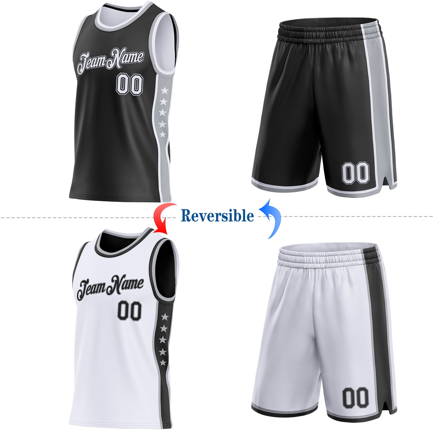 Custom Reversible Black White-Gray Double Side Star Sublimation Basketball Set Jersey view 2