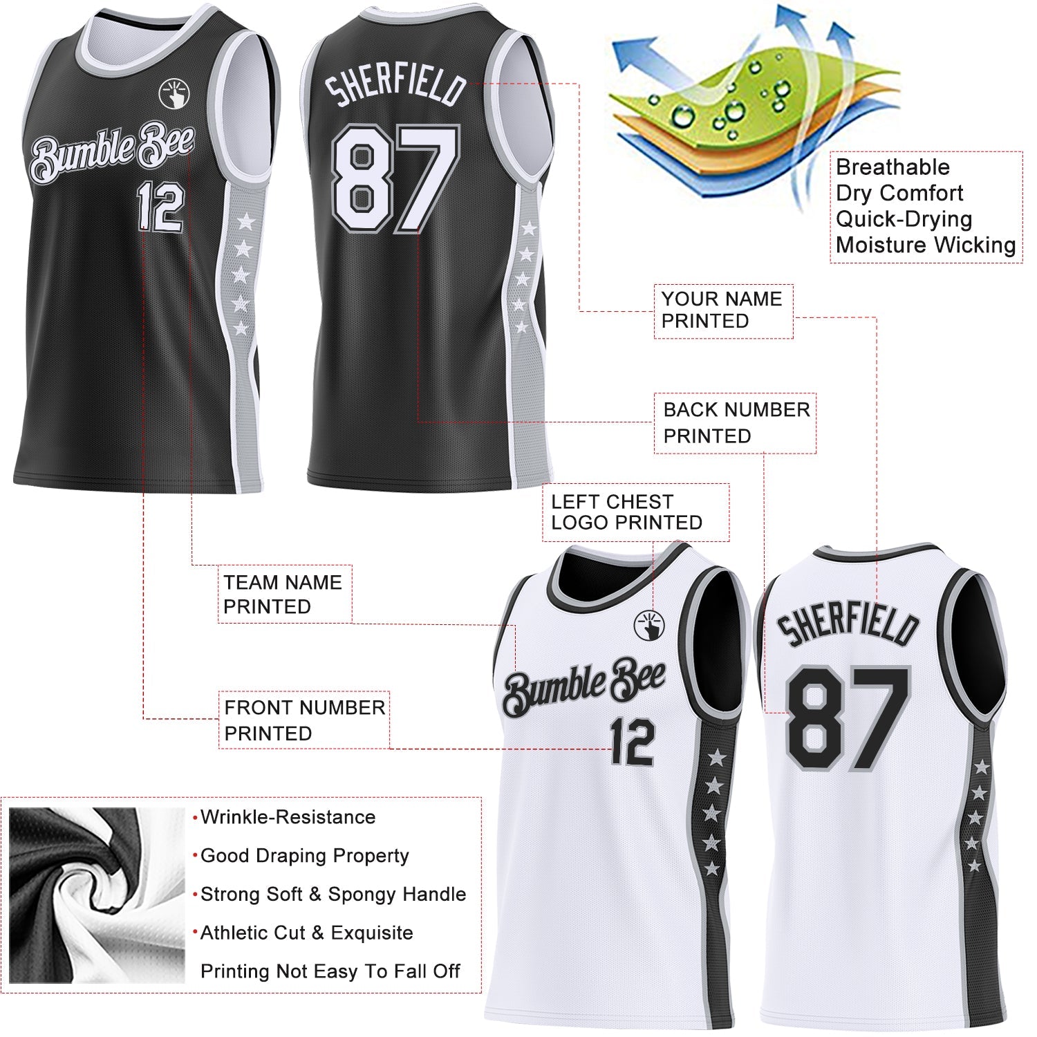 Custom Reversible Black White-Gray Double Side Star Sublimation Basketball Set Jersey view 5
