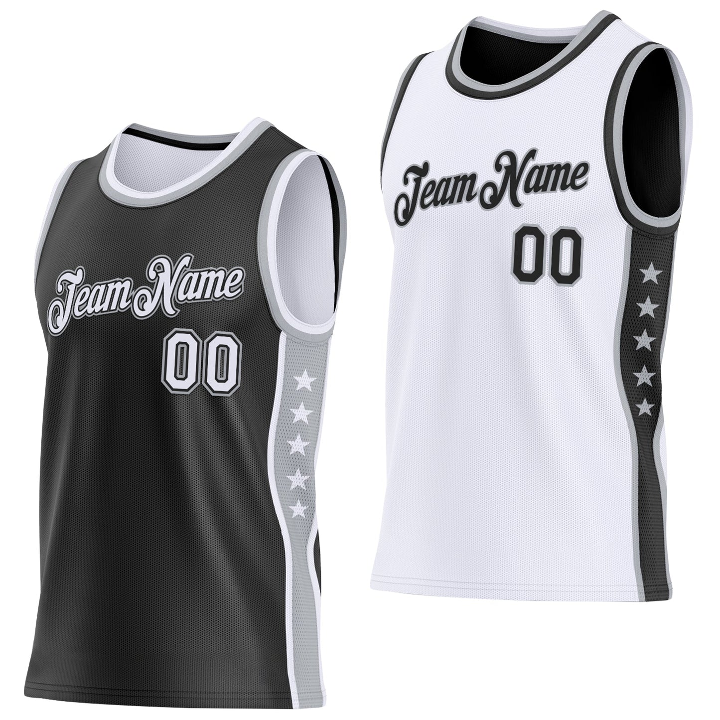 Custom Reversible Black White-Gray Double Side Star Sublimation Basketball Set Jersey - Main View