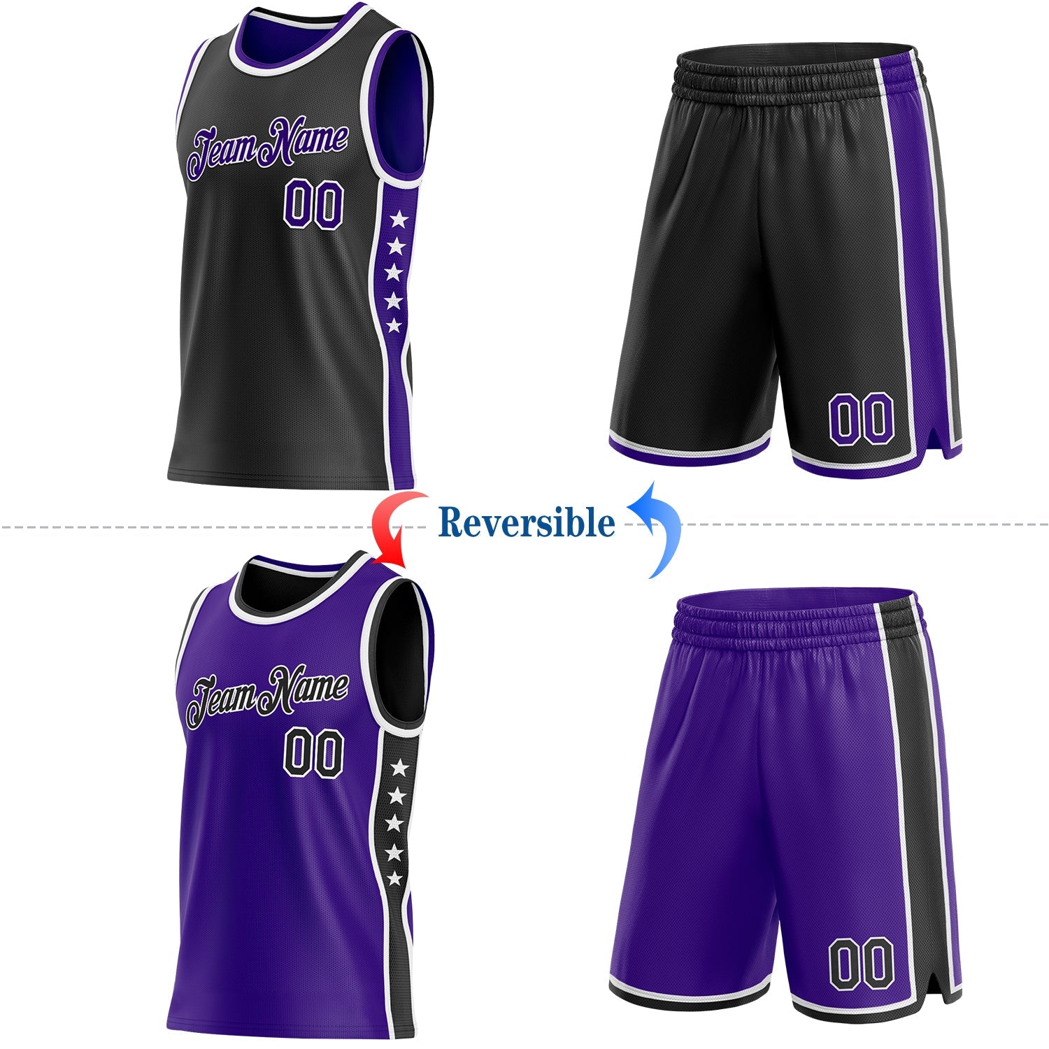 Custom Reversible Black Purple-White Double Side Star Sublimation Basketball Set Jersey view 2