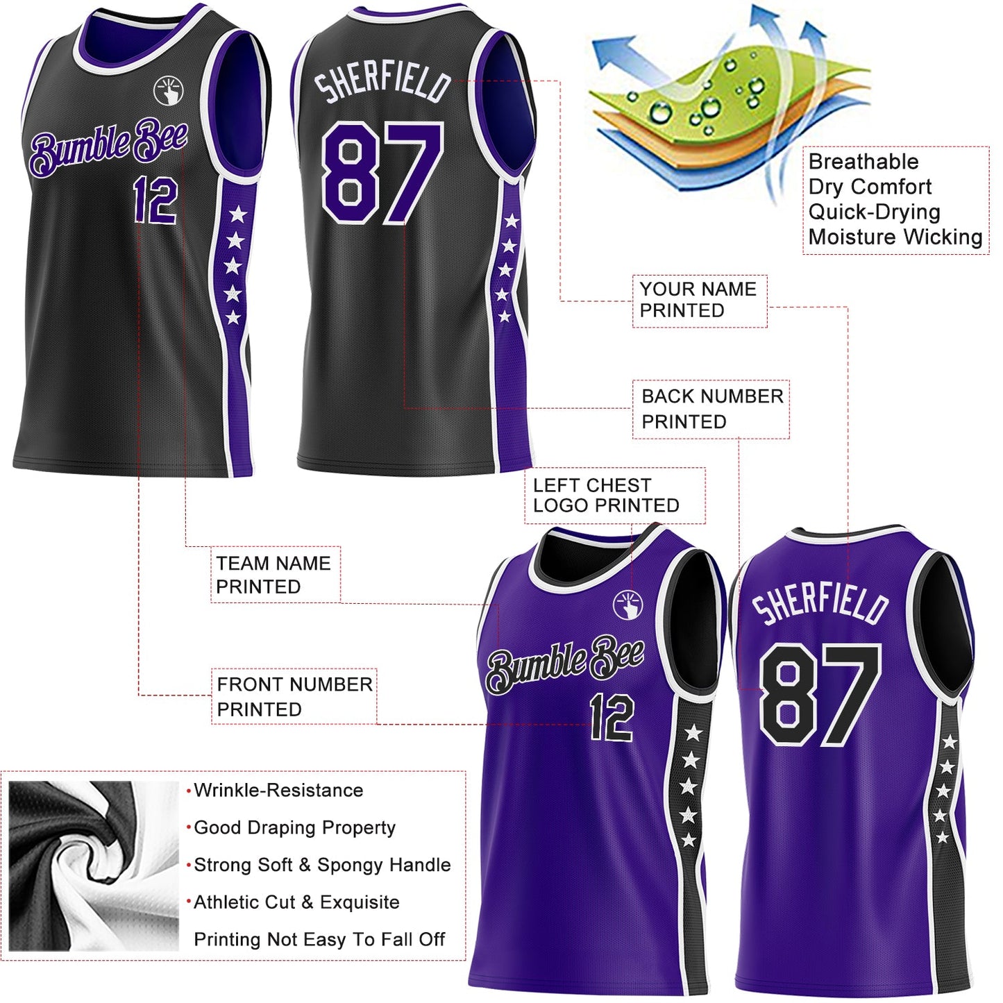 Custom Reversible Black Purple-White Double Side Star Sublimation Basketball Set Jersey view 5