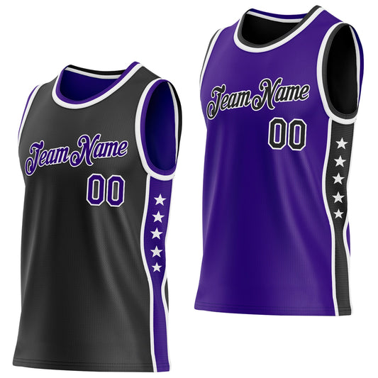Custom Reversible Black Purple-White Double Side Star Sublimation Basketball Set Jersey - Main View