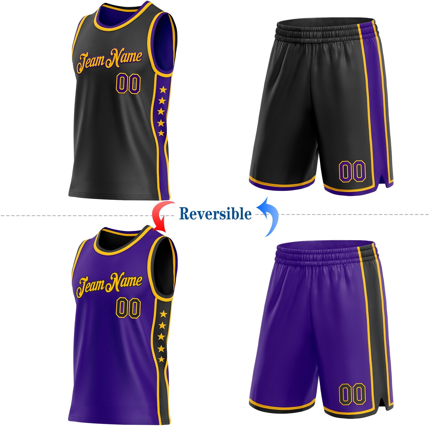 Custom Reversible Black Purple-Gold Double Side Star Sublimation Basketball Set Jersey view 2